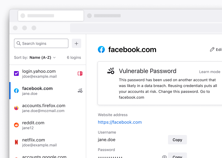 Firefox 的密碼管理員顯示「此密碼使用於可能已遭外洩的另一組帳號。重複使用登入資訊會讓您的所有帳號都蒙受風險。請更改此密碼。」警告的示意圖。